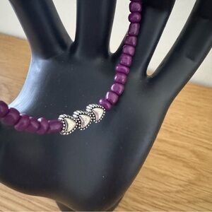 Glass Elastic Beaded Bracelet Silver Plated Heart Purple